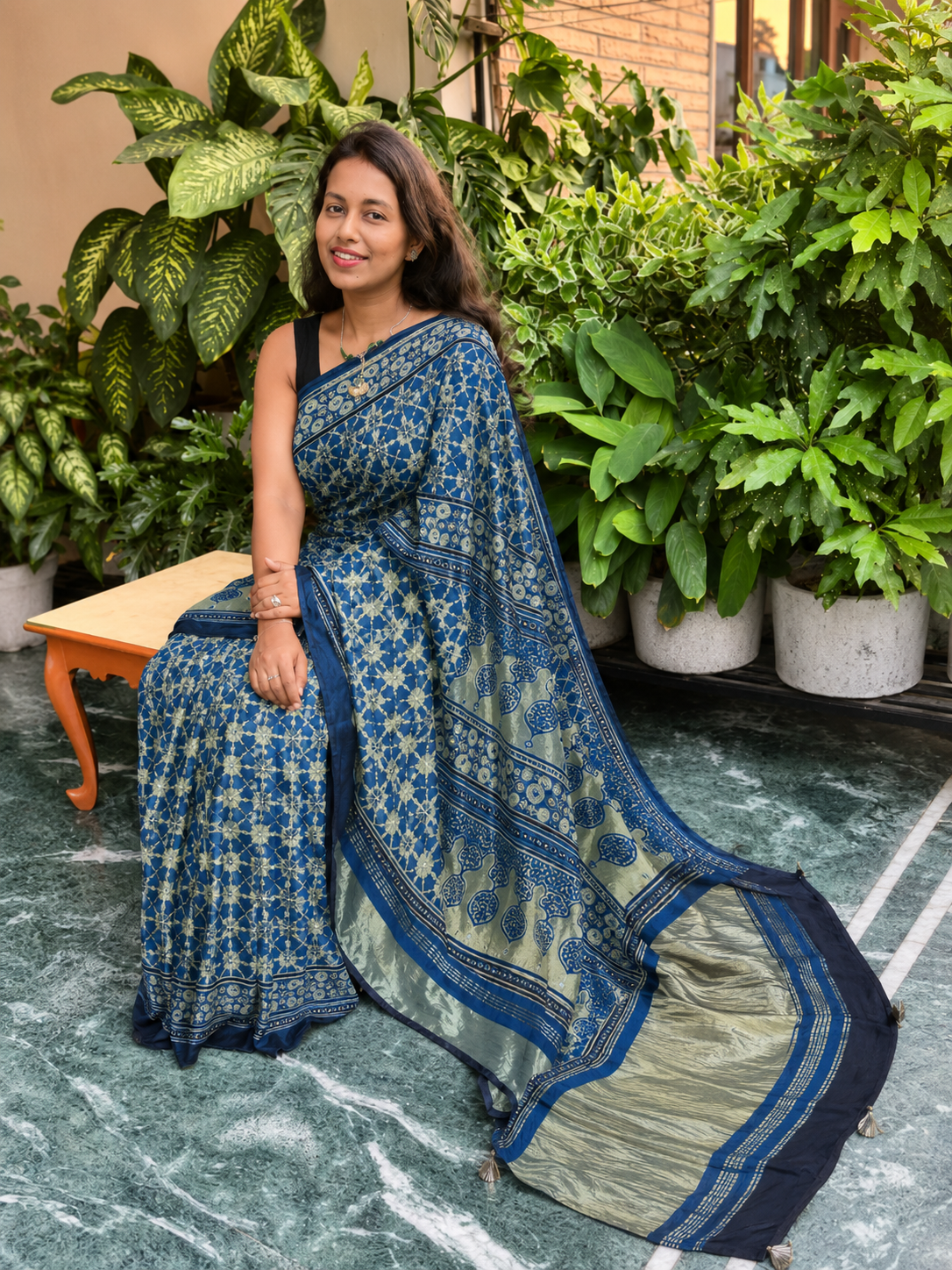 Indigo Small Flower Booti Ajrakh Hand Block Natural Dye Modal Silk Lagdi Patti Saree With Blouse