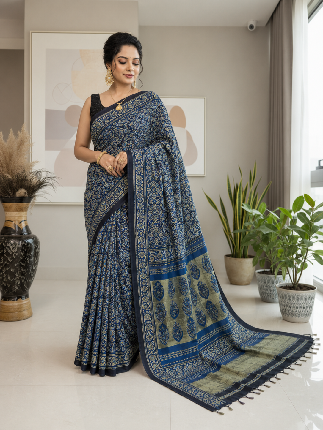 Black Seepi Booti Ajrakh Hand Block Natural Dye Modal Silk Lagdi Patti Saree With Blouse