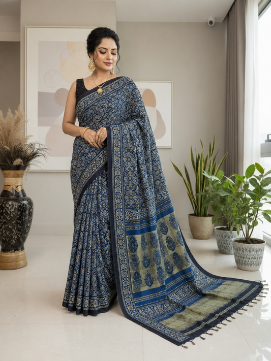 Black Seepi Booti Ajrakh Hand Block Natural Dye Modal Silk Lagdi Patti Saree With Blouse