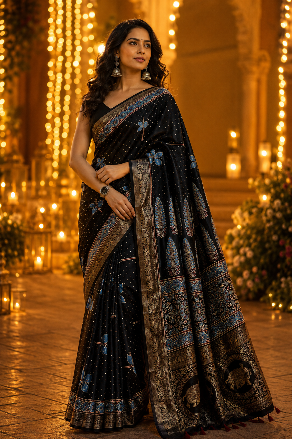 Black Polka and Fireflies Motif Ajrakh Hand Block Dola Silk Saree with Zari Pallu