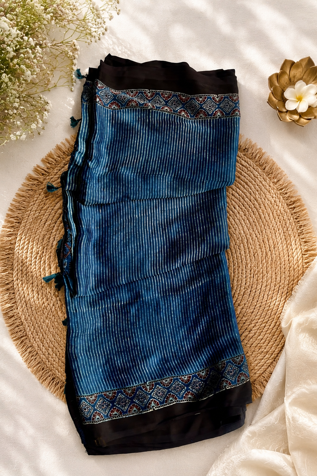 Neeli Dhaari Ajrakh Hand Block Natural Dye Modal Silk Saree With Blouse