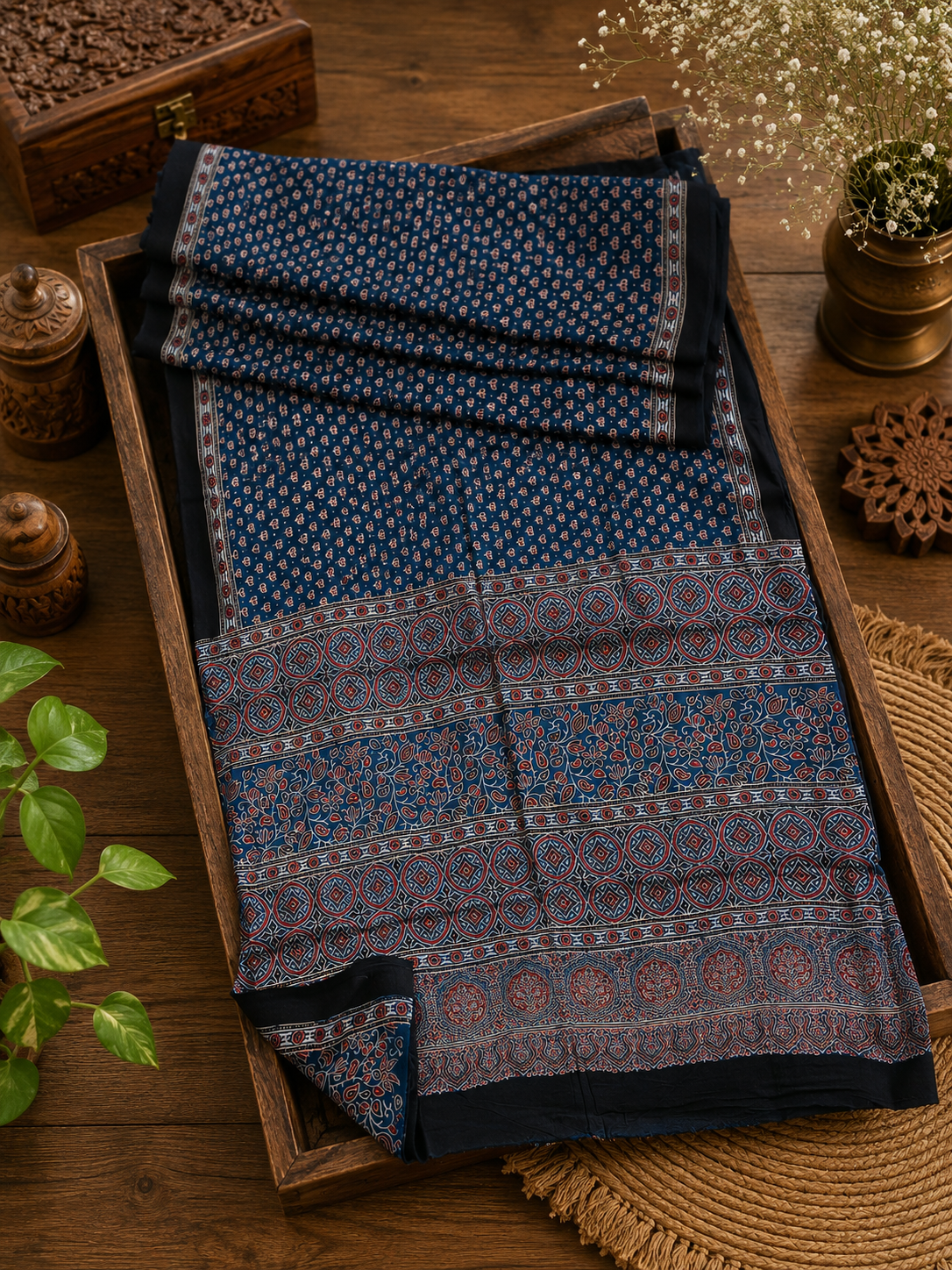 Blue Kamal Buti Motif Ajrakh Hand Block Natural Dye Modal Silk Saree With Blouse