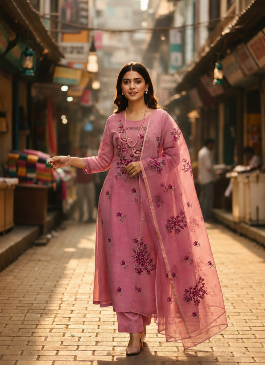 Reddish Pink Kota-Doria 3 Piece Suit Set with Bird Motif Cross Stitch and Kota Doria Dupatta