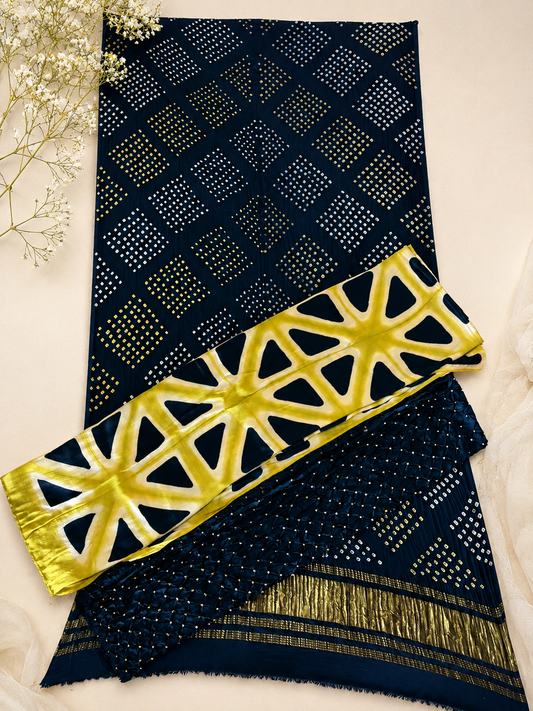 Dark Blue and Yellow Modal Silk 3 pc with Bandhej Dupatta/ Lower And Clamp Dye Kurta