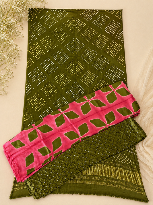 Mint Green and Pink Modal Silk 3 pc with Bandhej Dupatta/ Lower And Clamp Dye Kurta