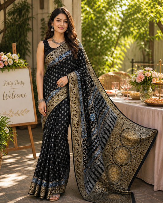Majestic Black Kamal Buti Dola Silk Zari Pallu Saree With Blouse
