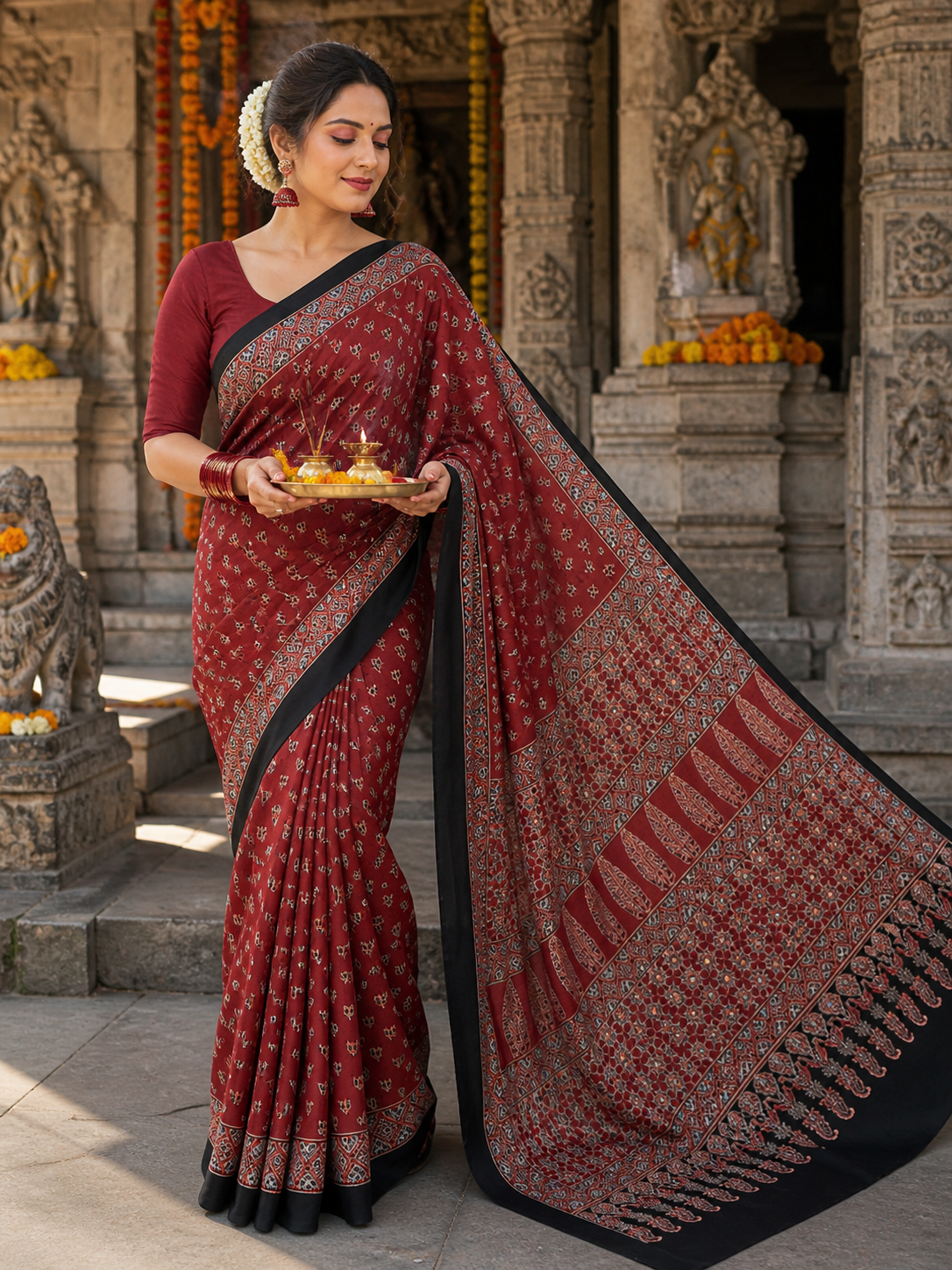 Red Small Booti Ajrakh Hand Block Natural Dye Modal Silk Saree With Blouse