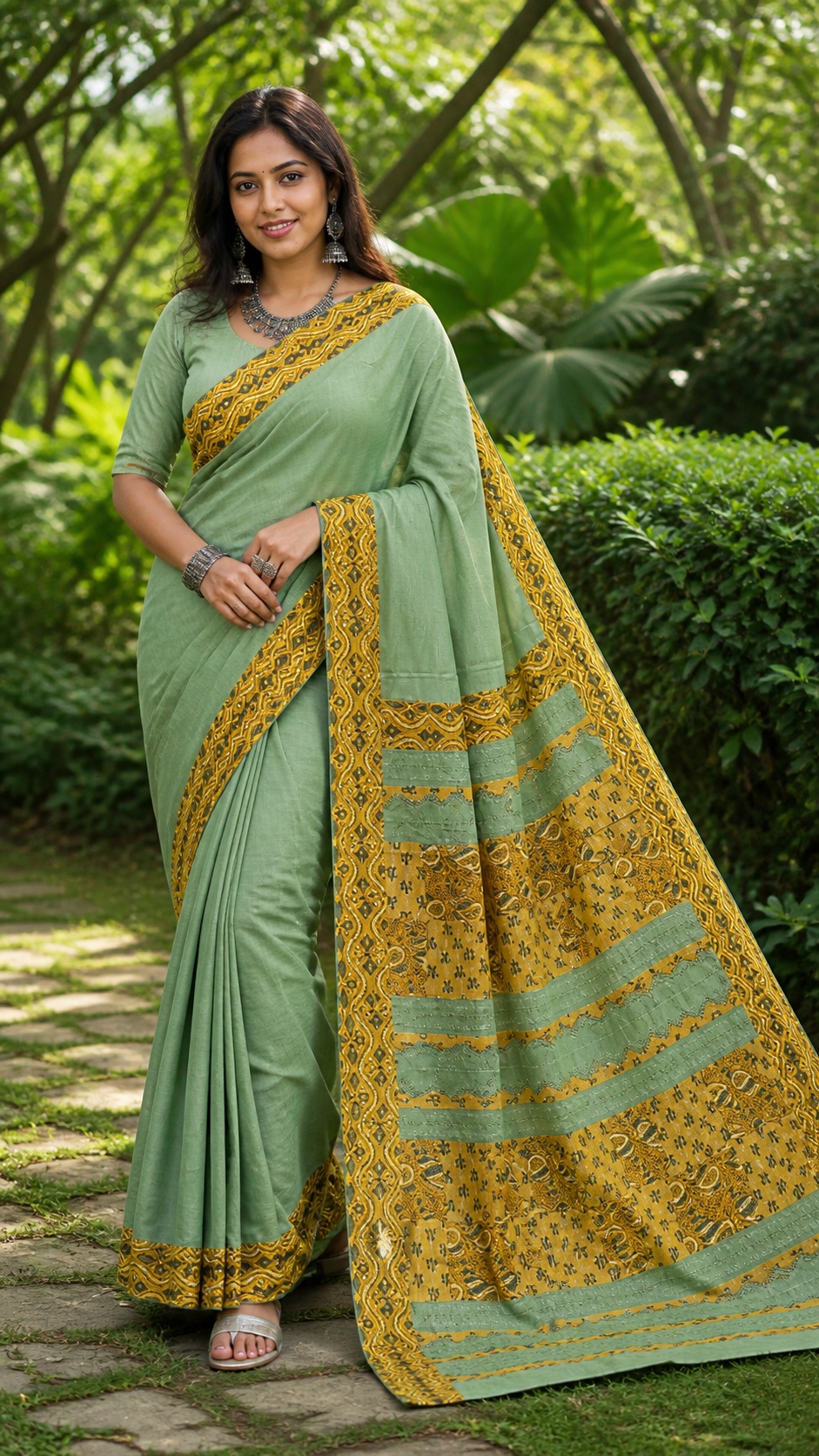 Pista Green Pure Cotton Saree with Ajrakh Patchwork Embroidery and Mirror Work