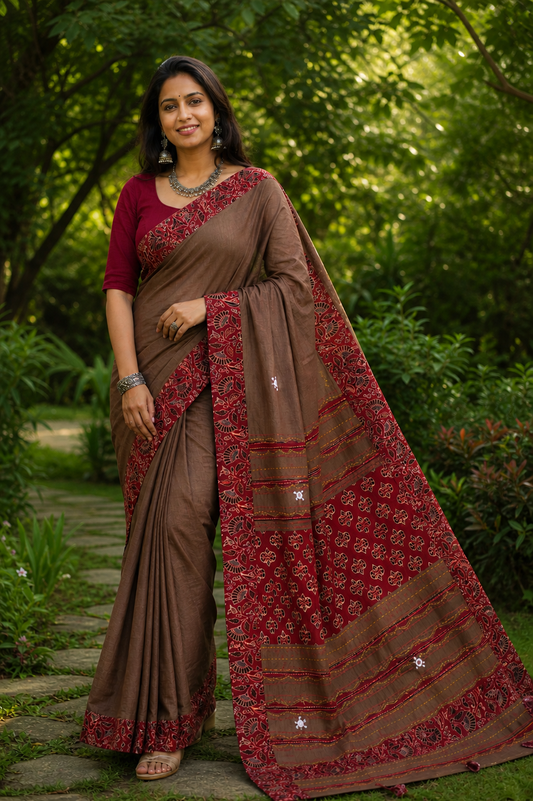 Cookie Brown and Red Ajrakh Patchwork Cotton Saree with Embroidery and Mirror Work