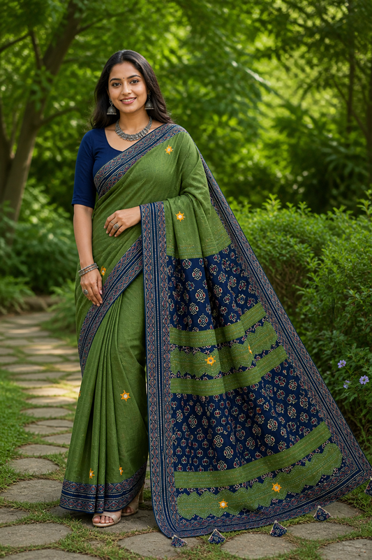 Green and Blue Ajrakh Patchwork Pure Cotton Saree with Embroidery and Mirror Work
