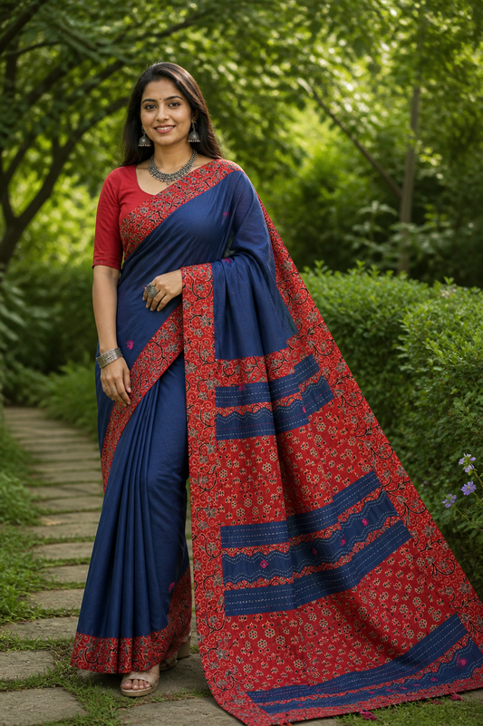 Blue and Red Pure Cotton Saree with Ajrakh Patchwork and Mirror Work