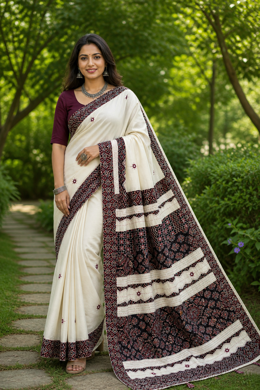 Off White and Black Pure Cotton Saree with Ajrakh Patchwork Embroidery and Mirror Work