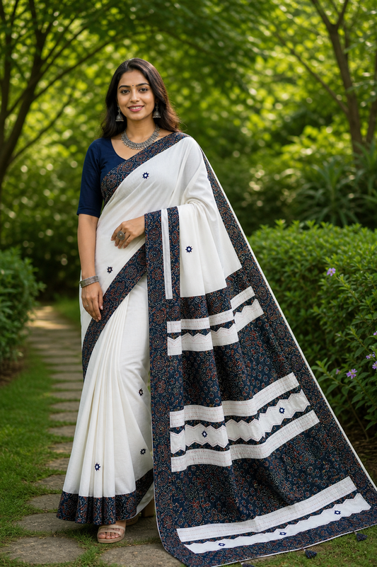 Off White and Ink Blue Pure Cotton Saree with Ajrakh  Patchwork Embroidery and Mirror Work