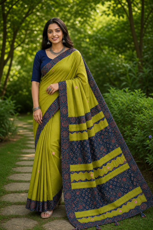 Kairi Green Pure Cotton Saree with Ajrakh Applique Patchwork Embroidery and Mirror Work