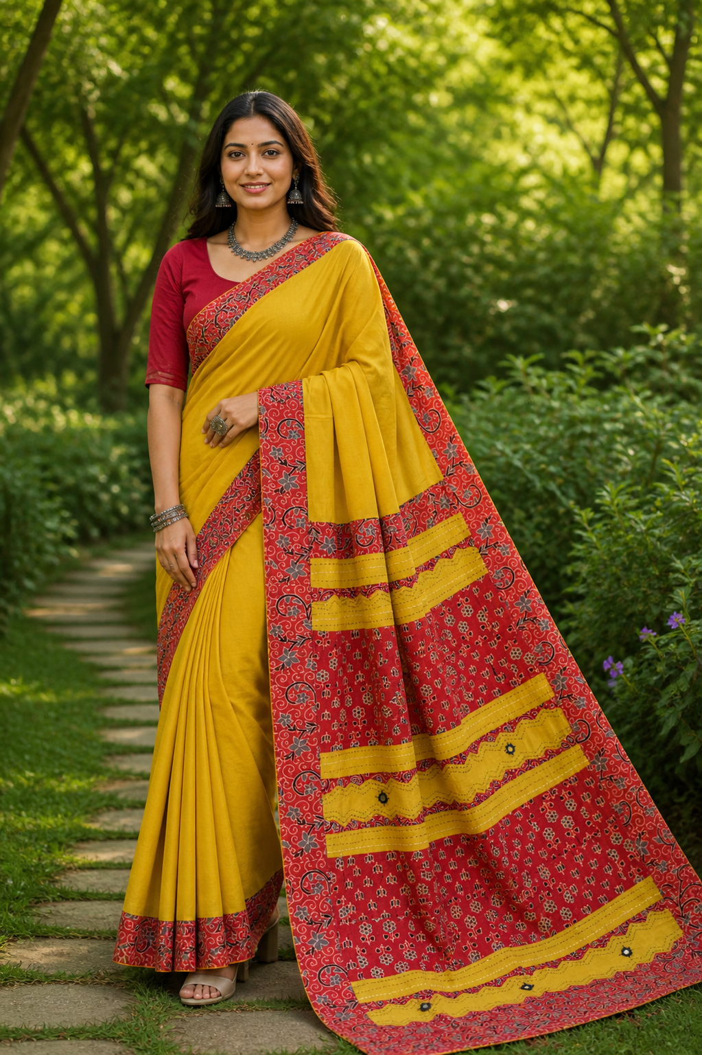 Mustard and Red Ajrakh Patchwork Cotton Saree with Embroidery and Mirror Work