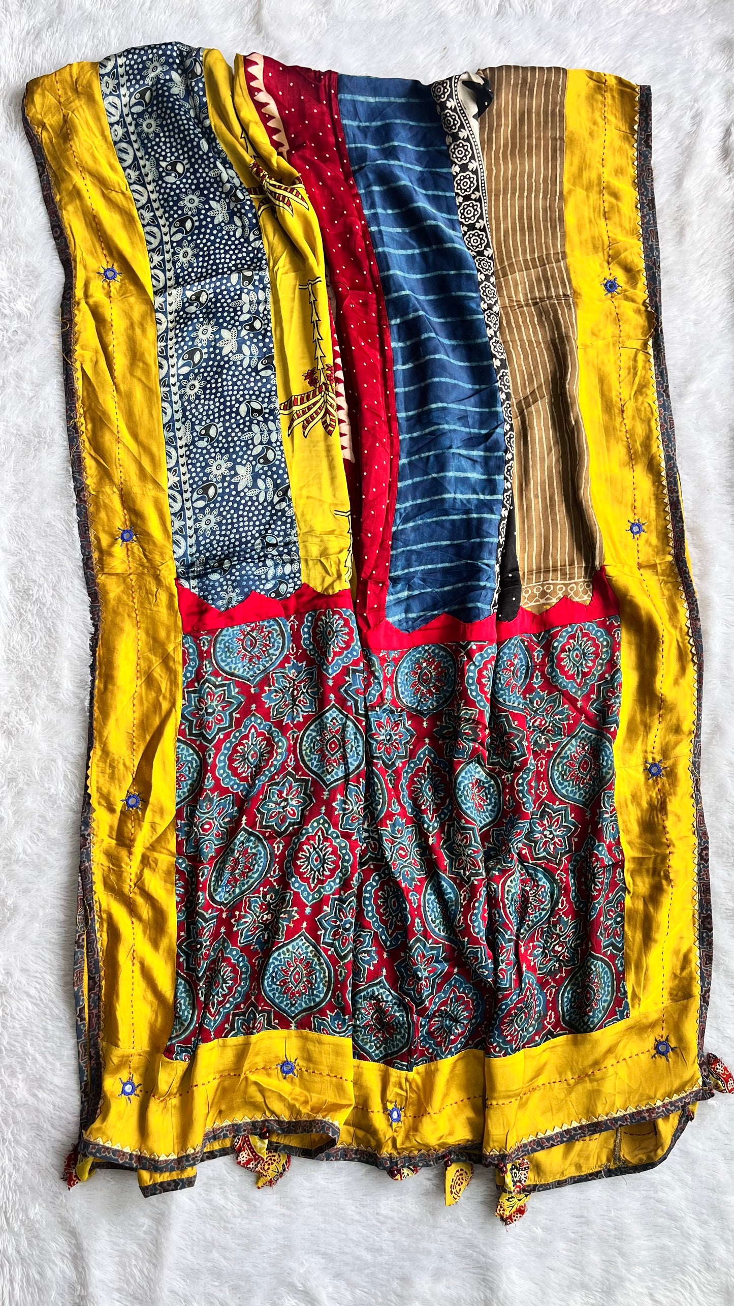 Multi Shade Ajrakh Applique Patchwork Modal Silk Mirror work Dupatta with Kantha work and Tassels