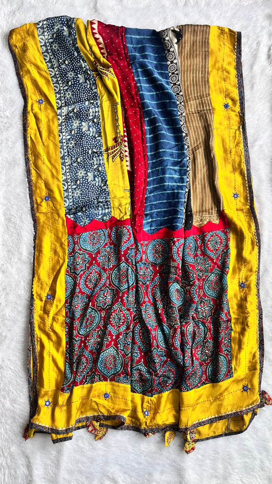 Multi Shade Ajrakh Applique Patchwork Modal Silk Mirror work Dupatta with Kantha work and Tassels
