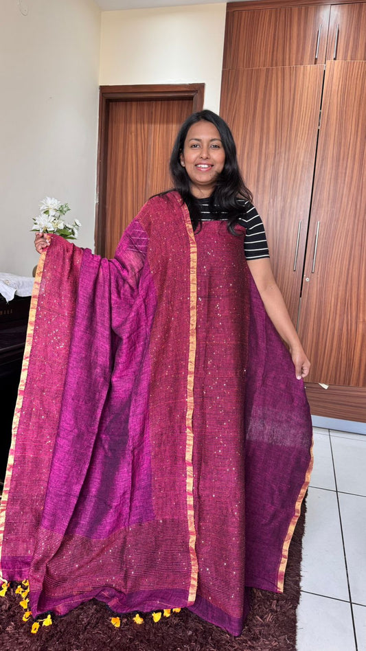 Dark Magenta Shade Pure Linen on Linen Hand Woven Suit Set with Sequins Work and Tassels