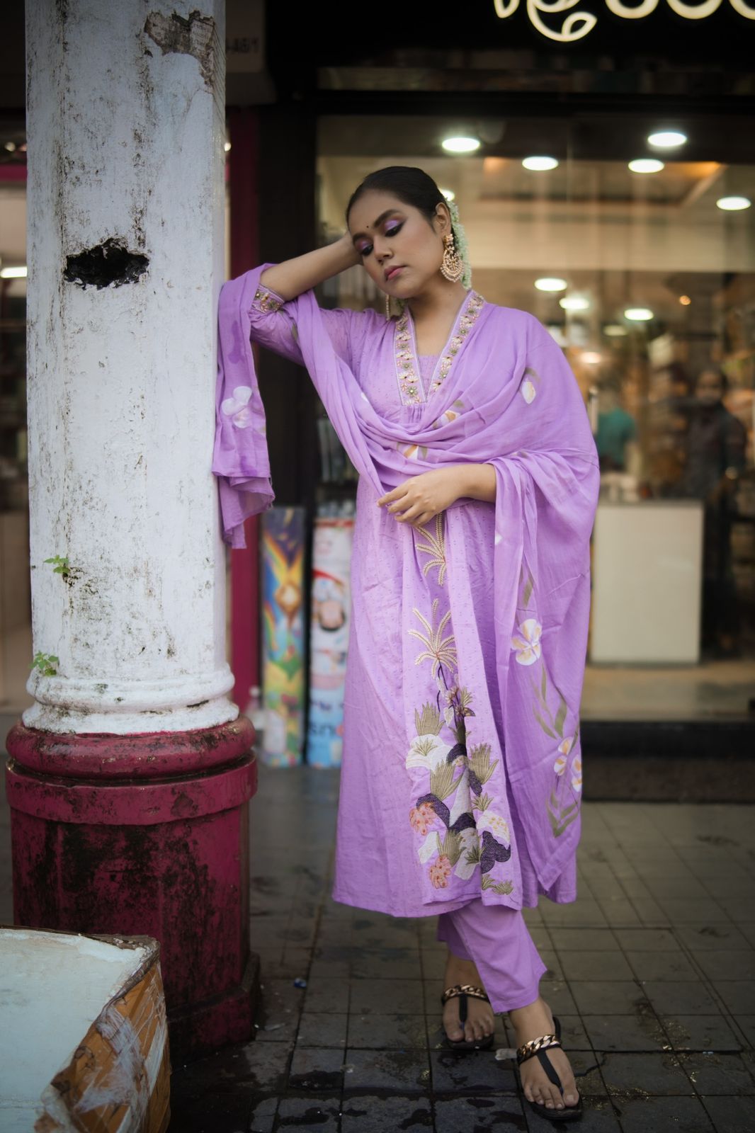 Lavender Floral Print with Embroidery Dobby Cotton Suit Set with Cotton Dupatta