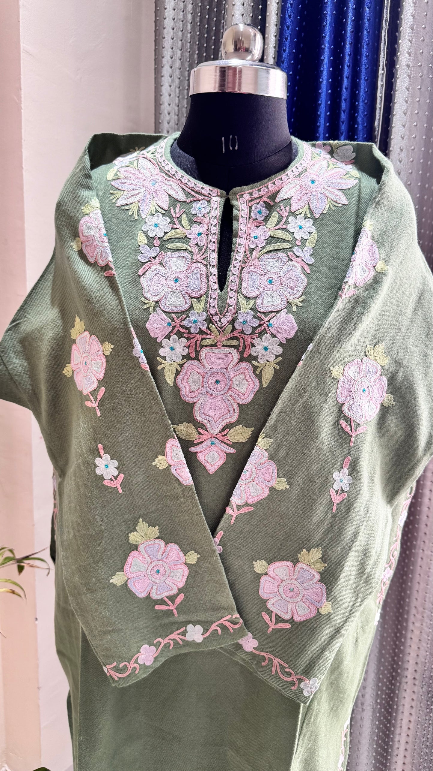 Pista Green Hand Embroidered Pure Marino Wool Kashmiri Pheran with Pockets and Hand Embroidered Sleeves (Size 54”)
