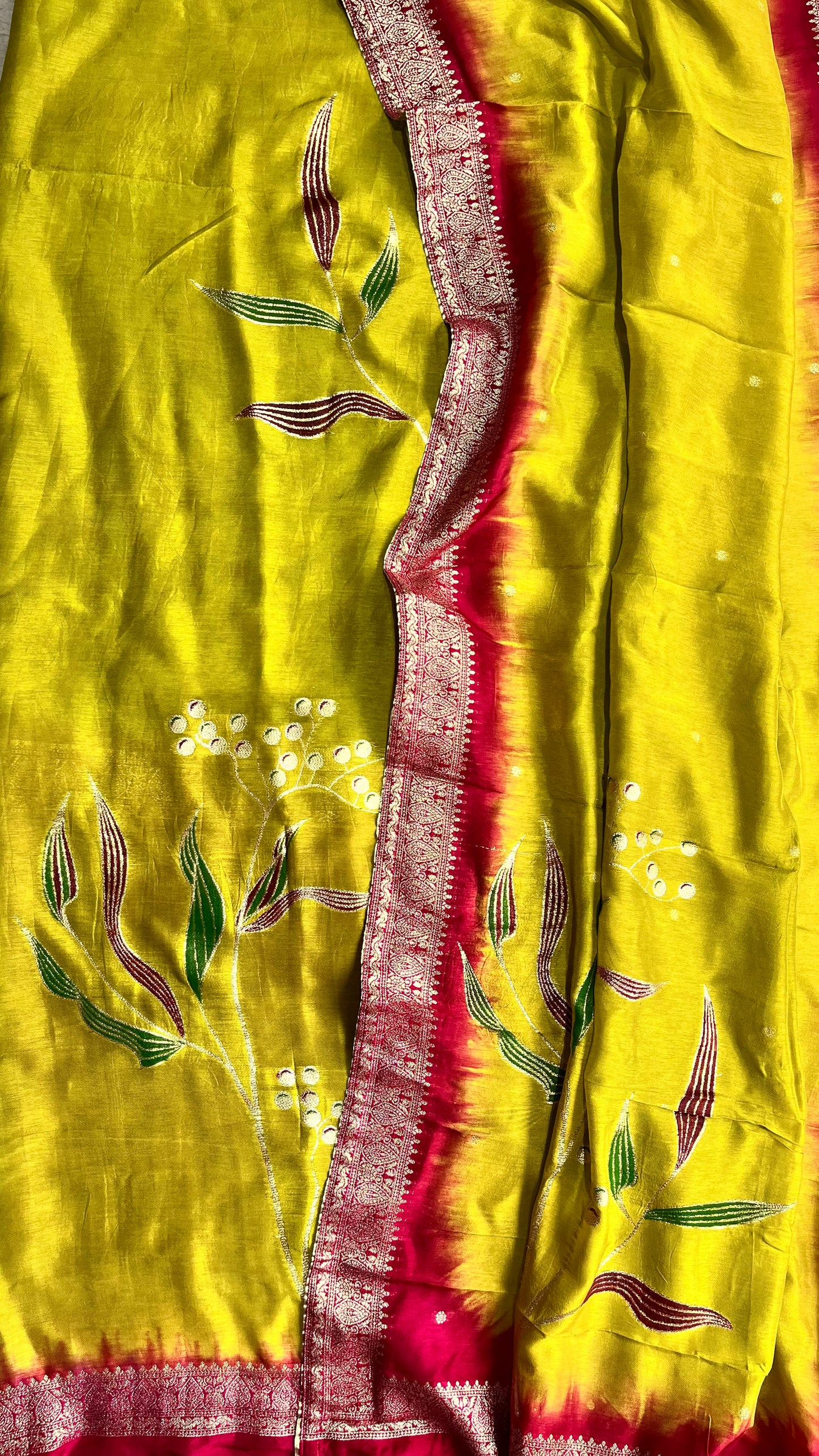 Envious Green Dola Silk Hand Brush Print 2pc Suit Material Set with Zari Pallu and Full Finish with Tassels