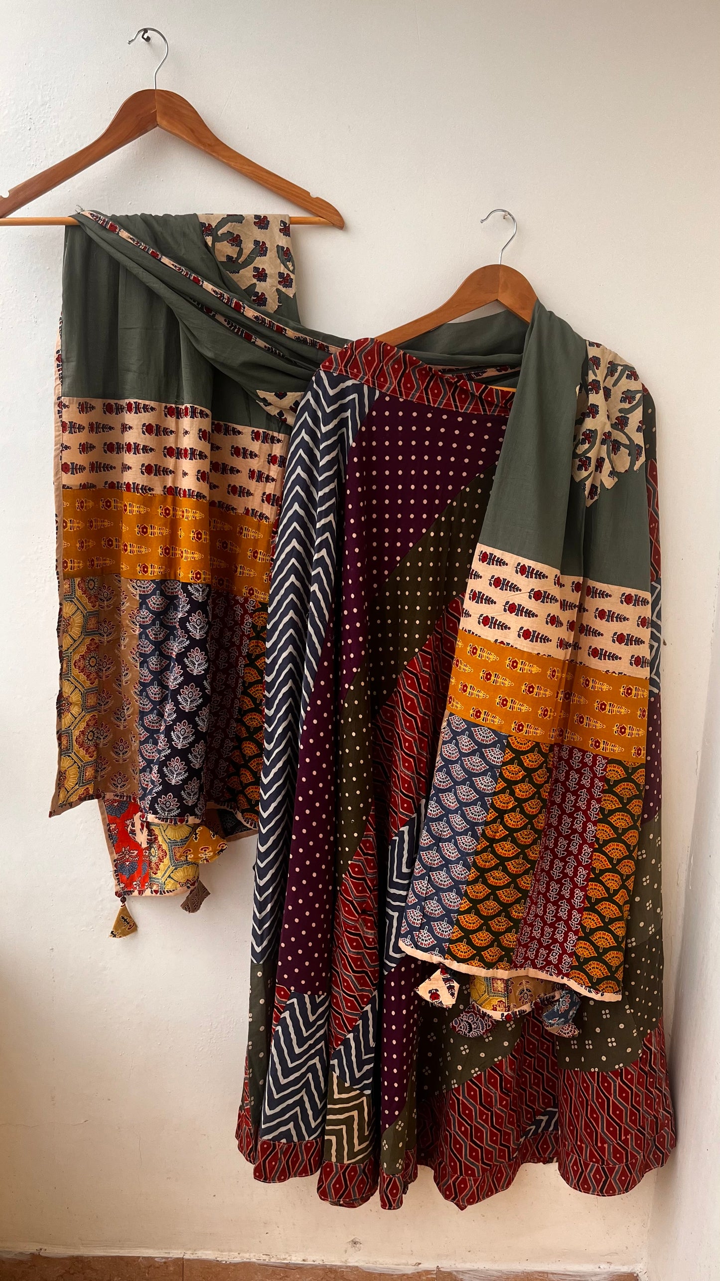 Vibrant Kali Cotton Long Flared Skirt with Mehendi Green Applique Patchwork Dupatta
