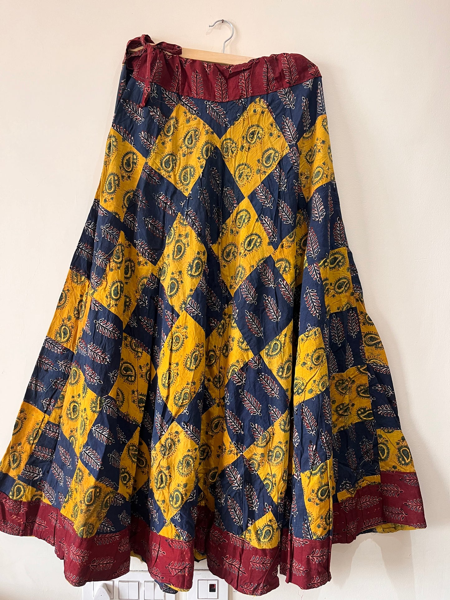 Blue and Yellow Long Flared  Ajrakh Pure Cotton Skirt