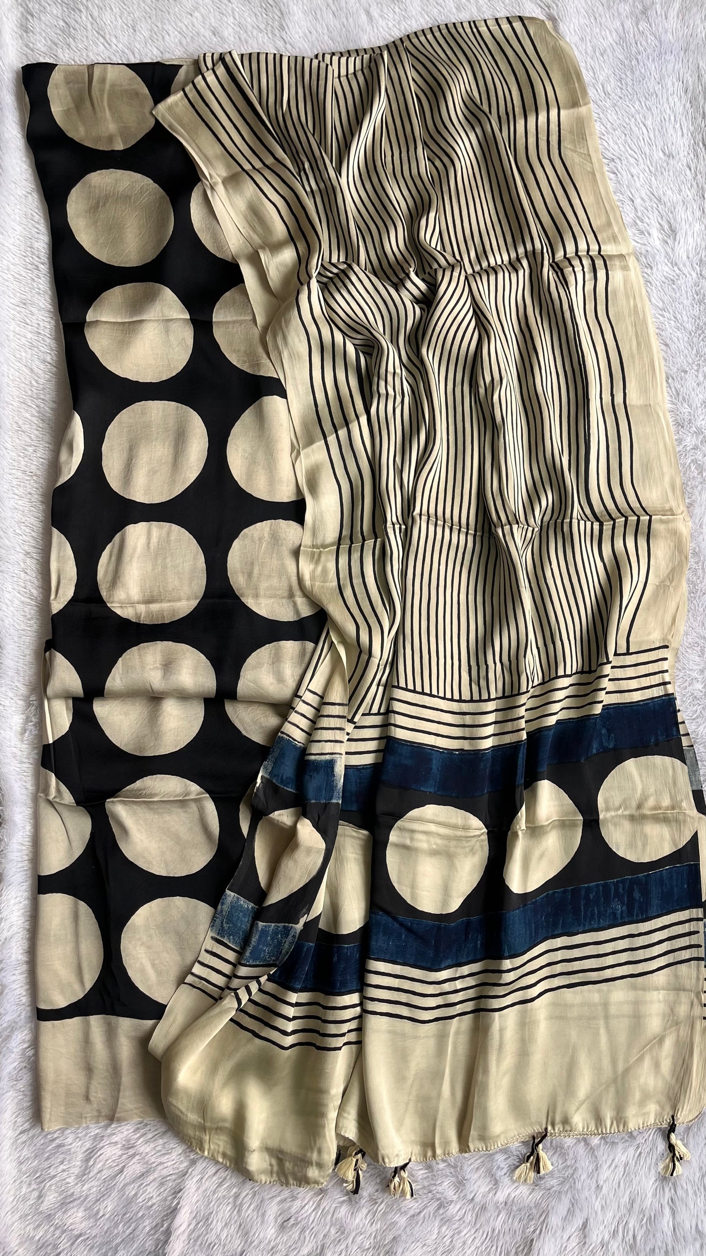 Boardroom Black and White Polka Motif Modal Silk Hand Block Print 2pc Suit Material Set