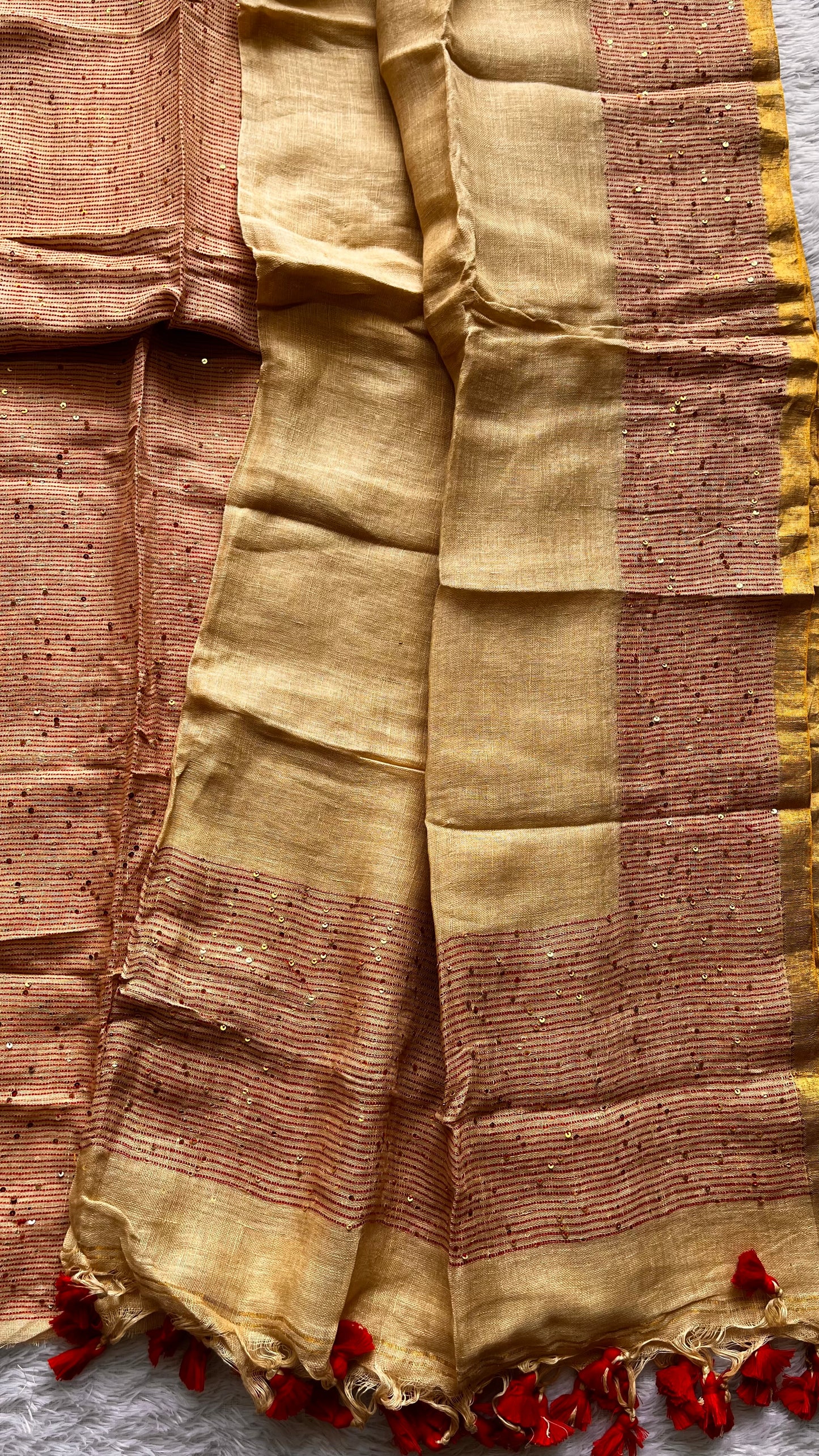 Badaami Pure Linen on Linen Hand Woven Suit Set with Sequins Work and Tassels