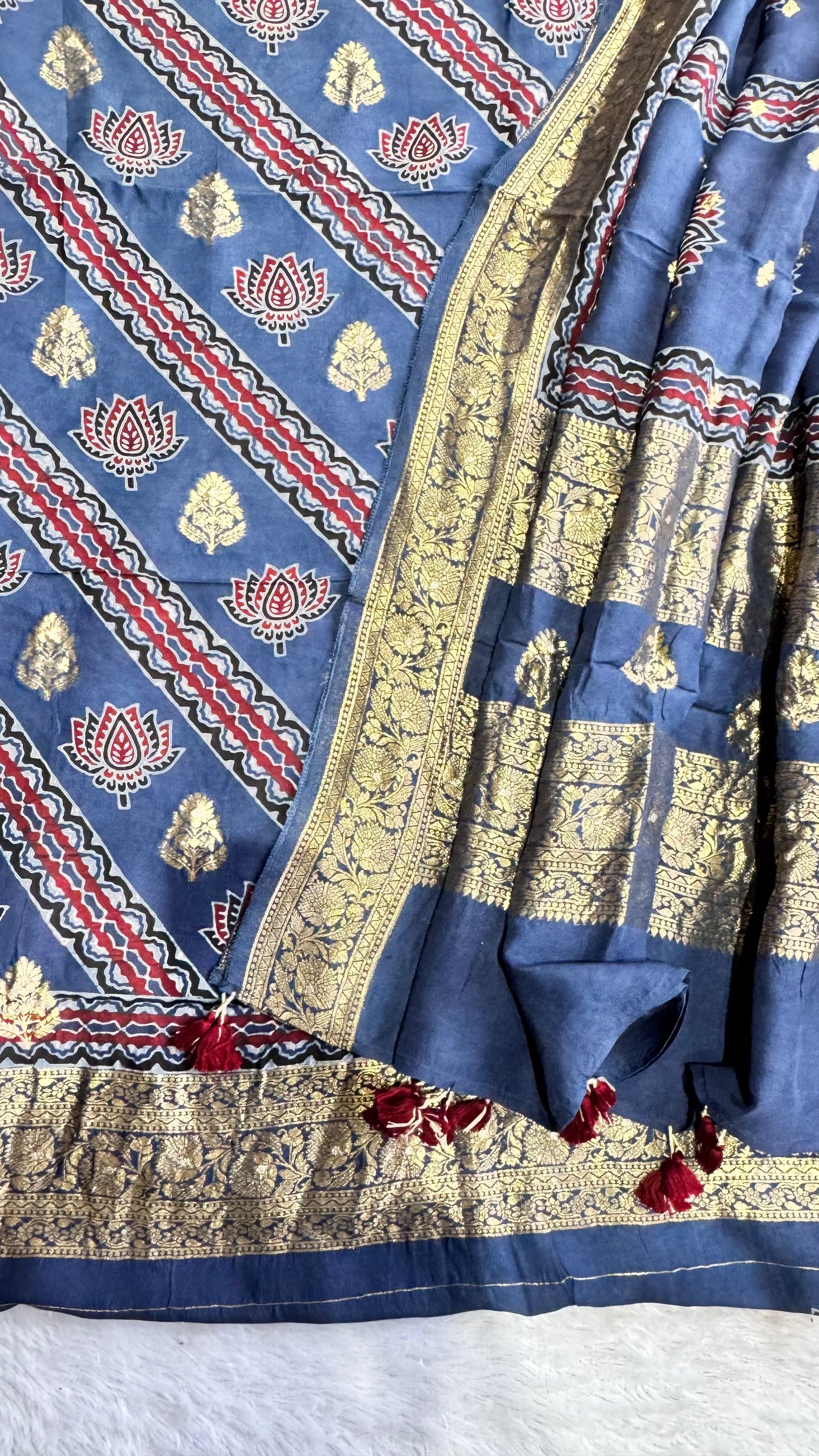 Royal Blue Kamal Boota Pure Dola Silk Ajrakh Hand Block Print 2pc Suit Material Set with Zari Yoke and Nakkashi Dupatta