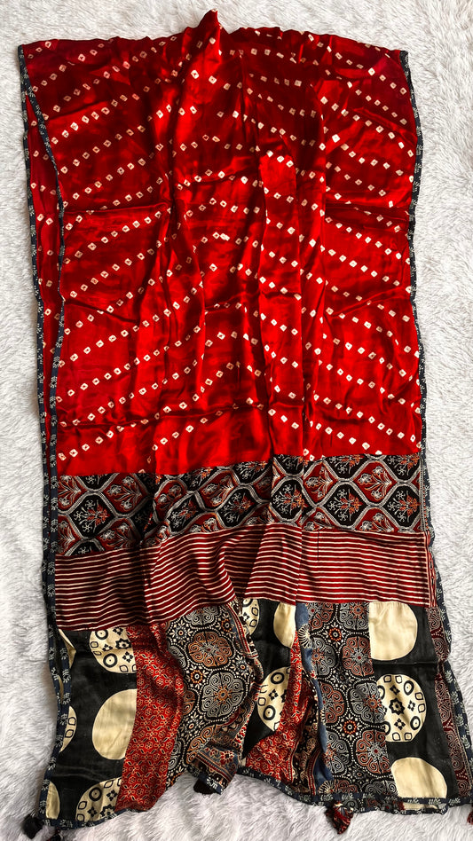 Cherry Red Bandhej Ajrakh Applique Patchwork Modal Silk Dupatta