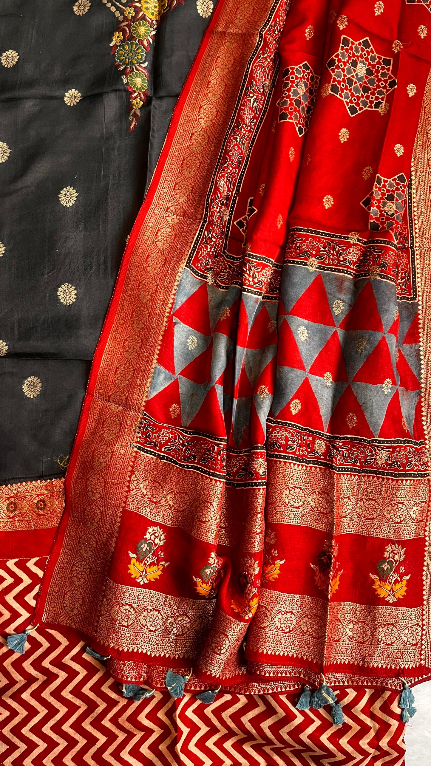 Black and Red Coin Boota Pure Dola Silk Ajrakh Hand Block Print 2pc Suit Material Set with Menakari Yoke and Nakkashi Dupatta