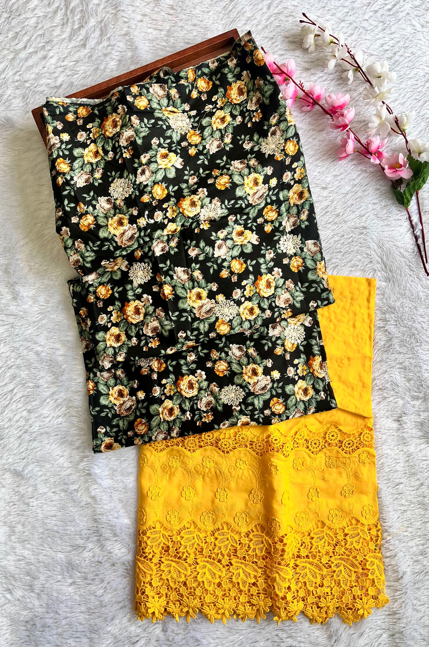 Black and Yellow Shade Floral Design Print Pure Cotton 2pc Suit Set