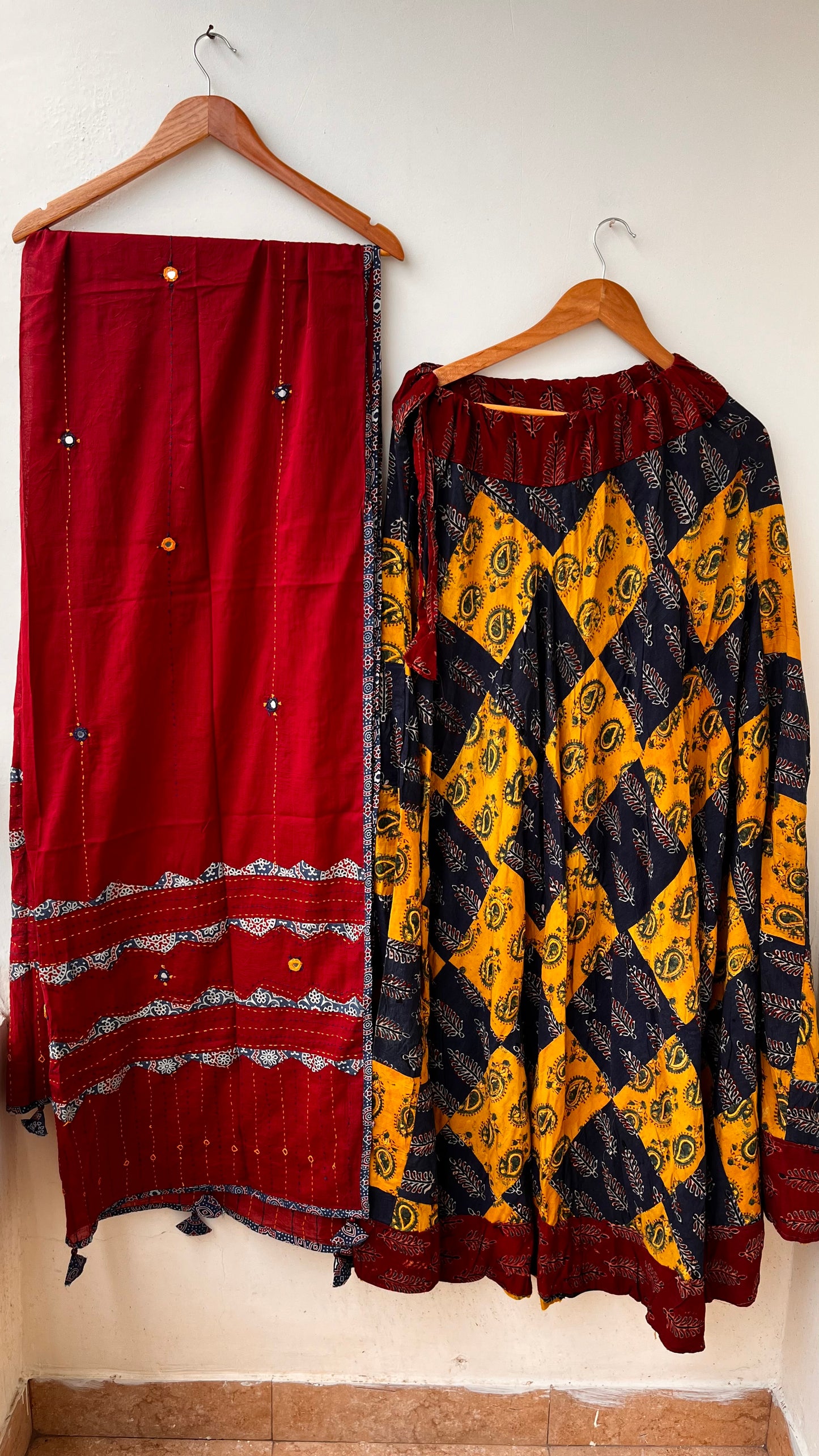 Mustard Yellow and Blue Gherdaar Kali Cotton Long Flared Skirt with Maroon Applique Patchwork Dupatta