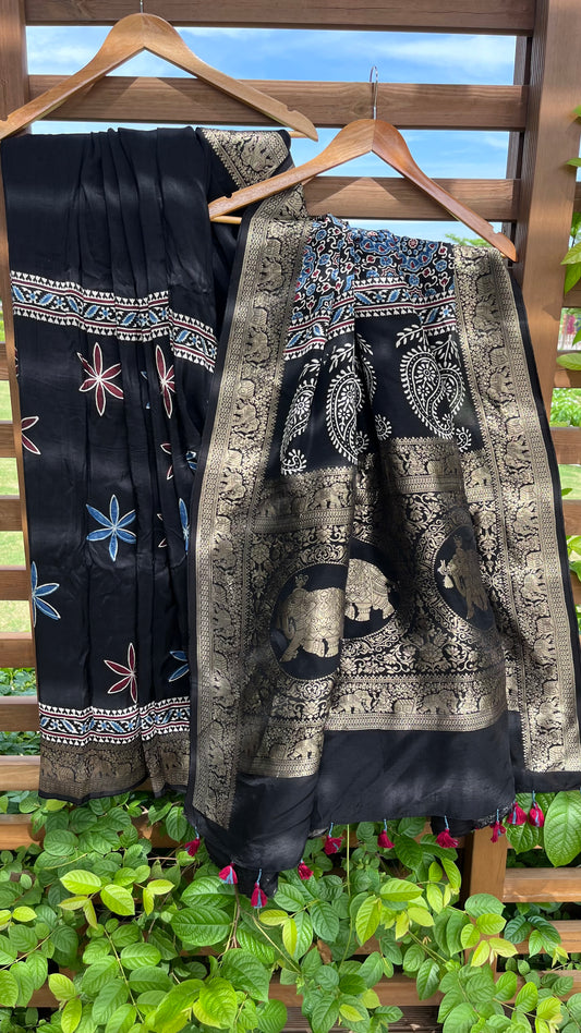 Black Flower Buta Motif Ajrakh Hand Block Dola Silk Saree with Zari Pallu (With Blouse)