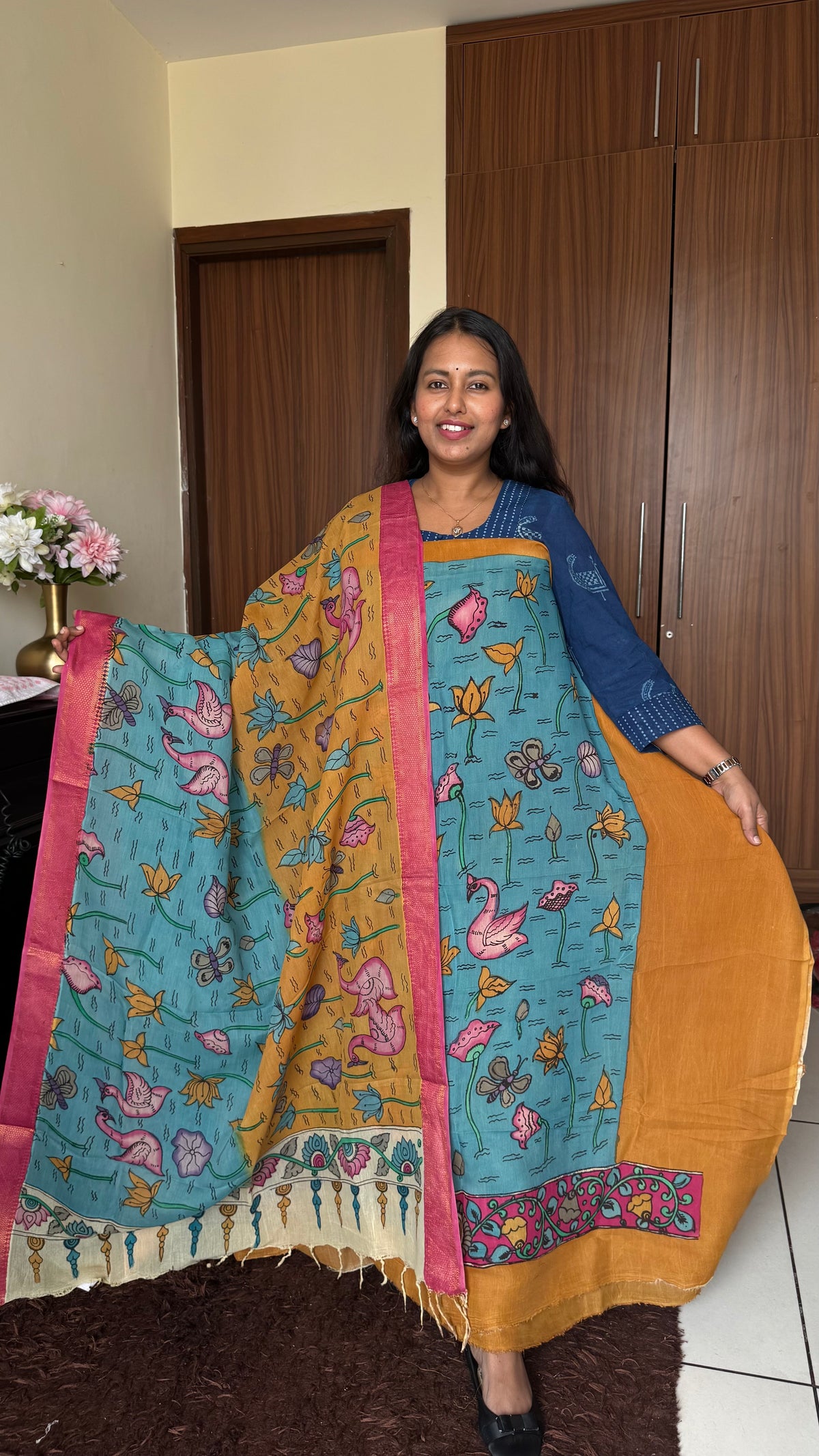 Turquoise Blue and Mustard Bangalore Silk Pen Kalamkari Kurta Dupatta Set
