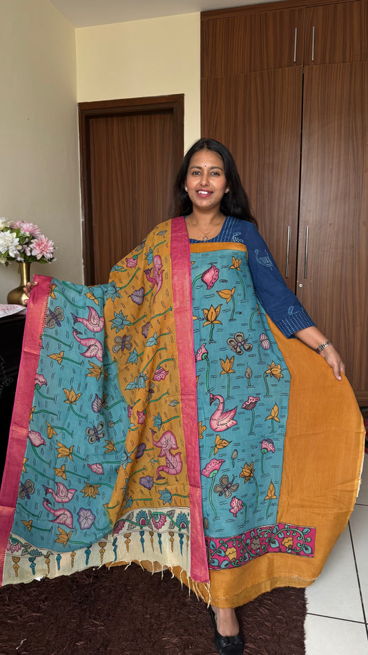 Turquoise Blue and Mustard Bangalore Silk Pen Kalamkari Kurta Dupatta Set