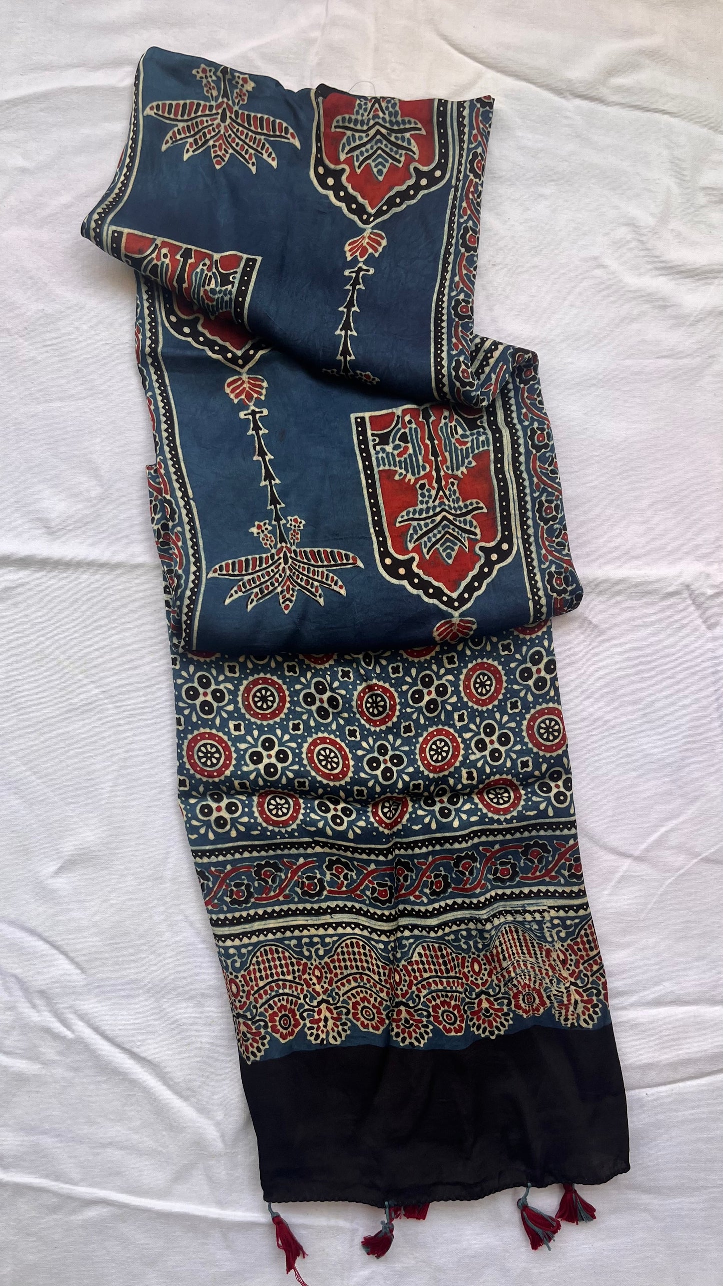 Blue Jharokha and Kamdhenu Motif Ajrakh Hand Block Print Modal Silk Stole with Tassels