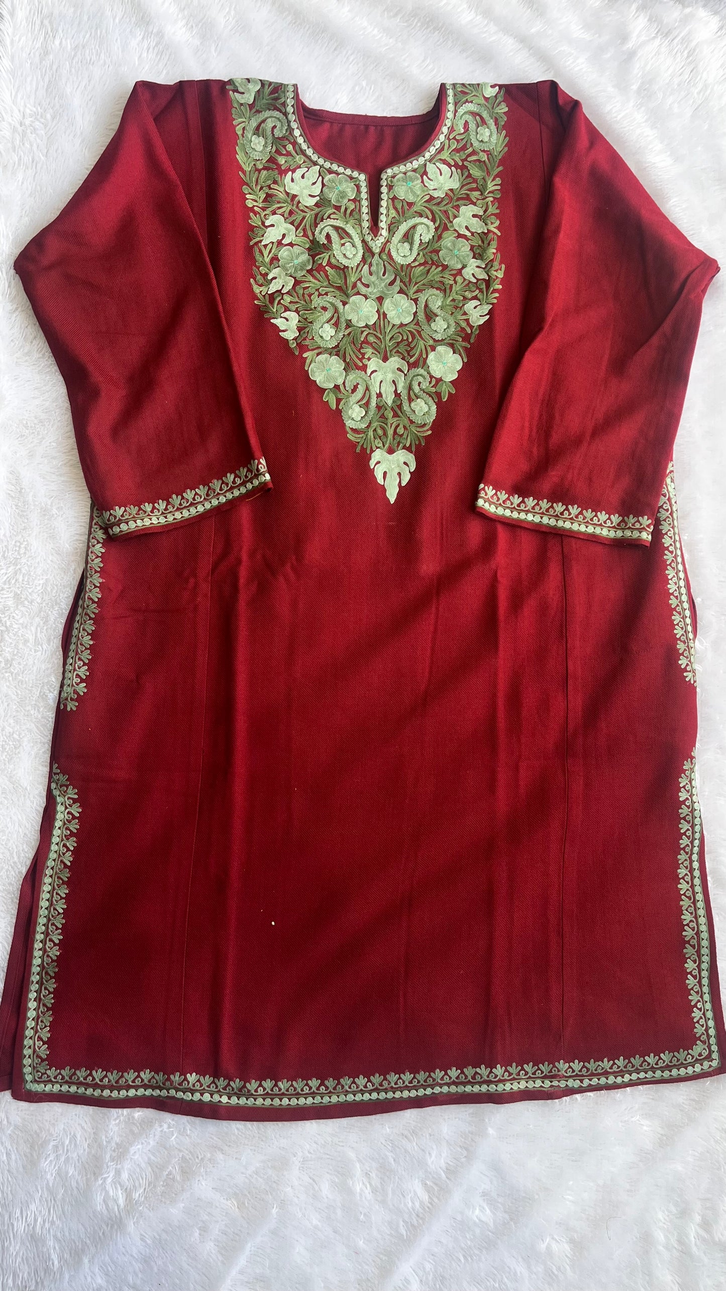 Maroon Shade with Green Kashmiri Aari Work Full Embroidered Pheran with Pockets