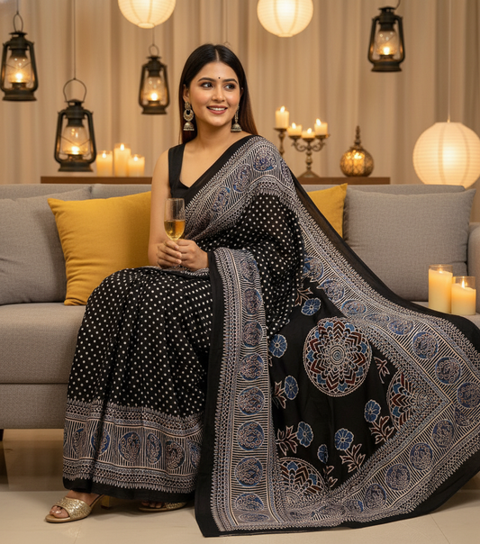 Black Polka Dotted Modal Silk Saree With Blouse