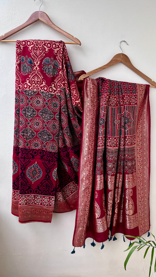 Maroon and Red Abstarct Buta Motif Ajrakh Hand Block Dola Silk Saree with Zari Pallu (With Blouse)
