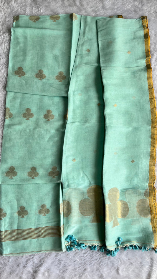 Aqua Blue Paan Buta Pure Jayshree Linen with Jamdani Hand Woven Daman 2 pc Suit Set