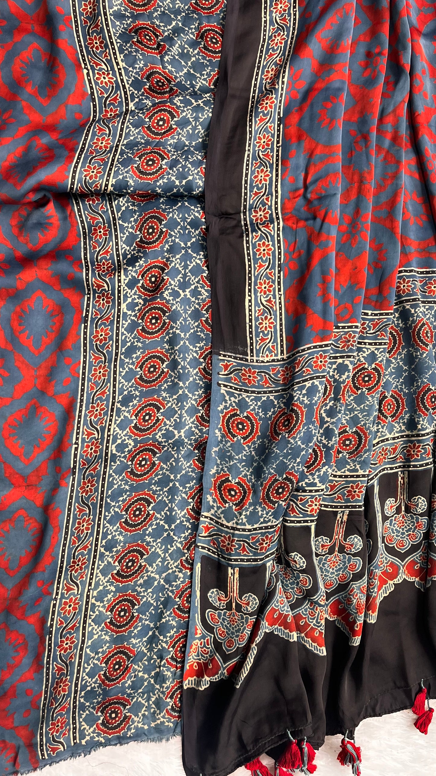 Indigo and Red Abstract Motif Modal Silk Suit Material with Ajrakh Modal Dupatta