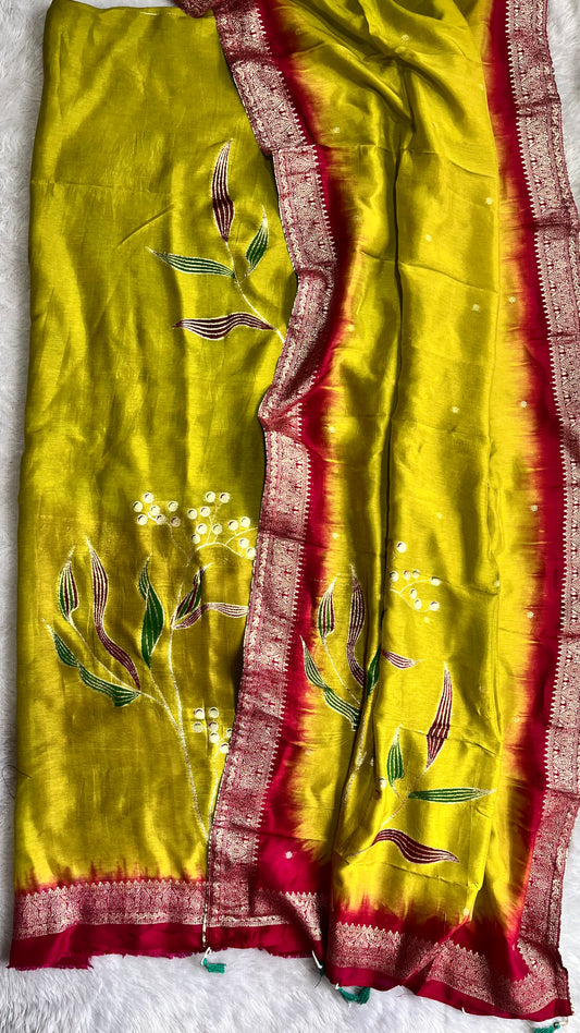 Envious Green Dola Silk Hand Brush Print 2pc Suit Material Set with Zari Pallu and Full Finish with Tassels