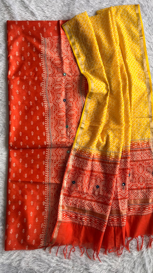 Orange and Yellow Chanderi Silk 2pc Suit Set with Mirror-work and Kantha Work Dupatta