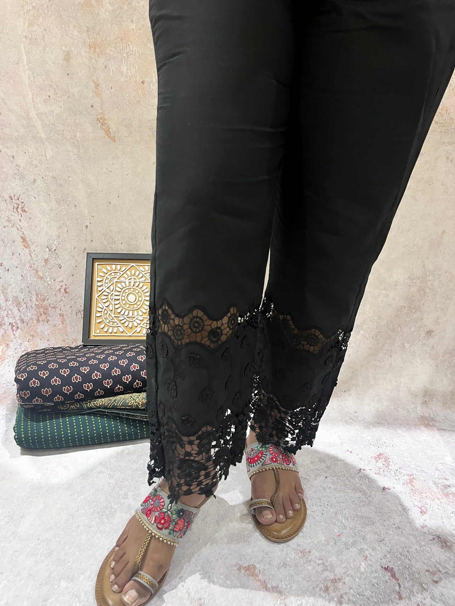 Midnight Black Pure Cotton Cut Work Lace Pants