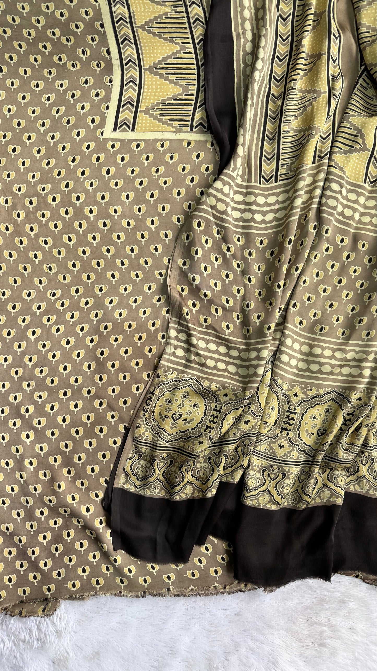 Earthy Beige Kamal Print Modal Silk Ajrakh Natural Dyed Hand Block Print 2pc Suit Material Set