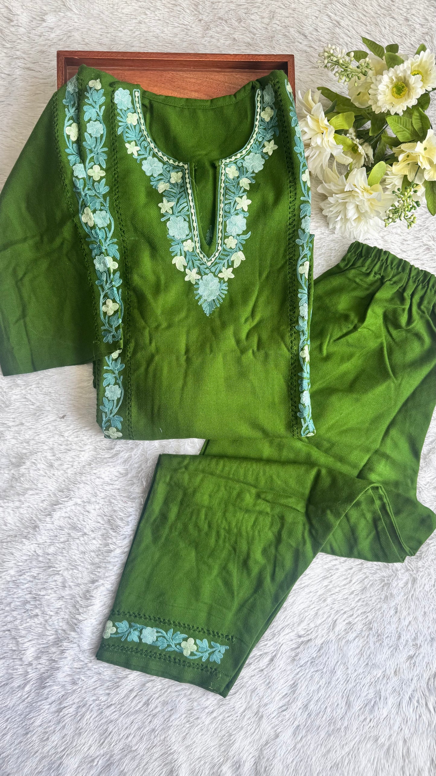 Forest Green Floral Kashmiri Aari Hand Embroidered Woollen Pheran Set with Pockets and Pants