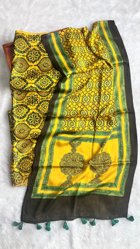 Yellow and Green Mashru Silk Ajrakh Hand Block 2 pc Suit Set (Top and Stole)