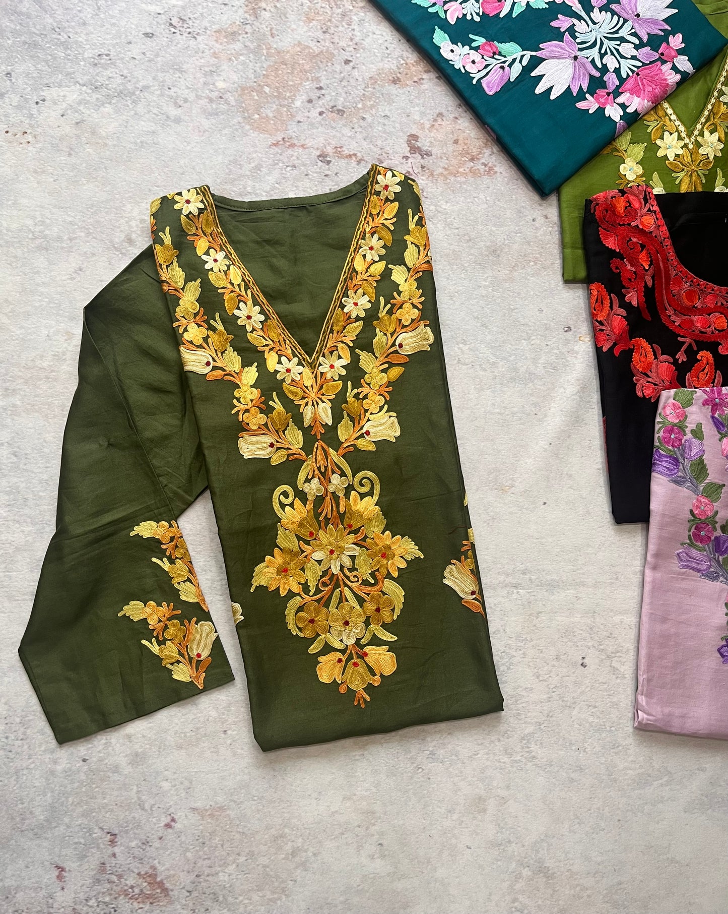 Mehendi Green Shade Floral Kashmiri Aari Work Cotton Kurti